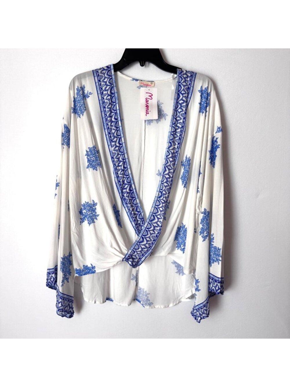 Maronie  Anthropologie Women‎ White Blue Floral Wrap Long Sleeve Blouse Size L